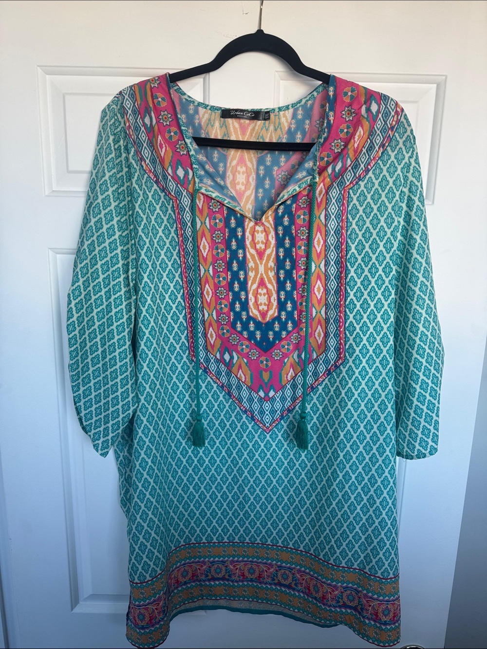 Turquoise Printed Midi Dress with Pink Accent